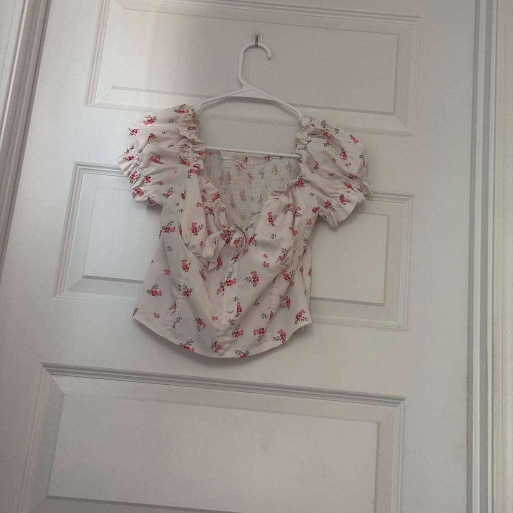 Floral Puff Sleeve Top - White And Red
